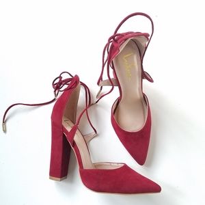 Lulu's | Red Faux Suede Closed Pointy Toe strappy heels size 7.5
